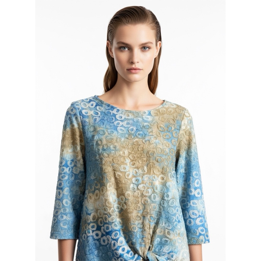 Ruby Rd Twist Hem Top Womens Medium Blue Tan Textured Burnout 3/4 Sleeve